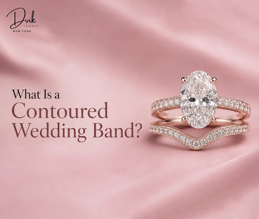 A curved diamond wedding band paired with an oval engagement ring against a pink fabric background, next to the text "What Is a Contoured Wedding Band?