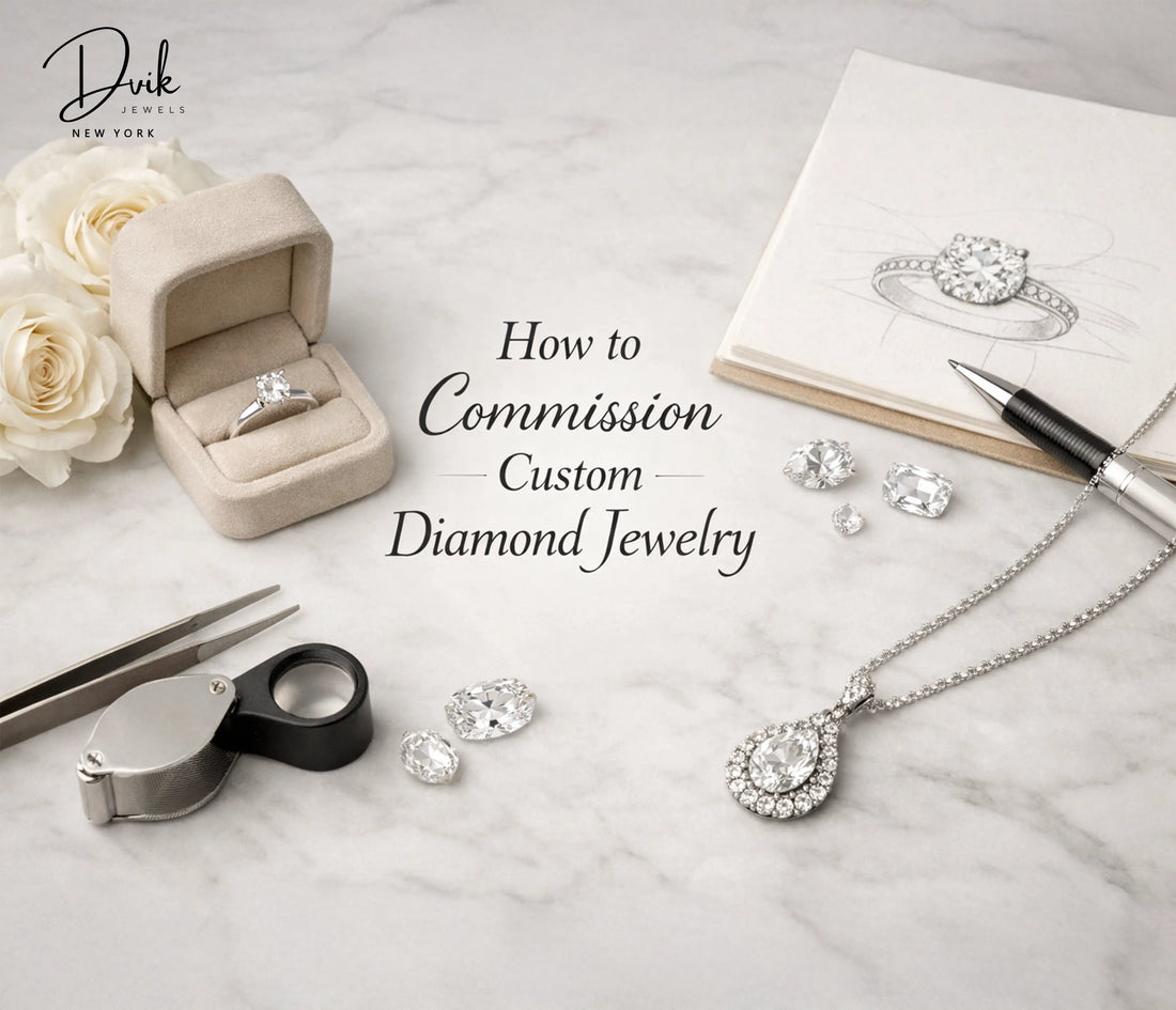 Custom diamond jewelry design setup with engagement ring, loose diamonds, sketchbook, and pendant necklace on marble background