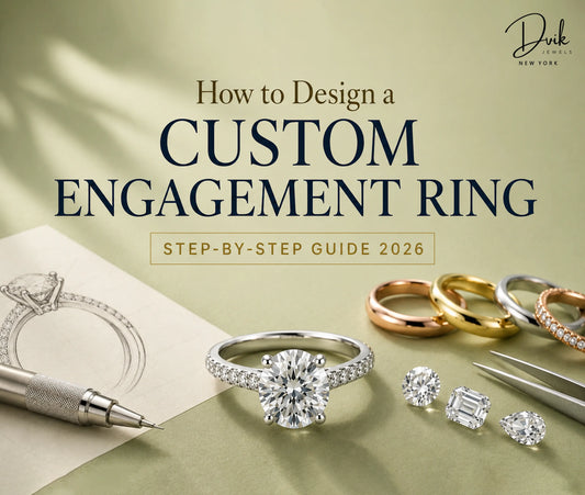 How to design a custom engagement ring step-by-step guide 2026, featuring ring sketch, loose diamonds, and finished bands