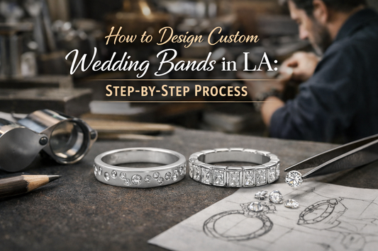 Custom wedding bands by Dvik Jewels in Los Angeles showing diamond rings, design sketches, and handcrafted jewelry tools