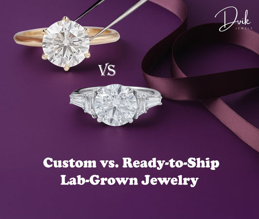 Dvik Jewels custom round lab-grown diamond ring vs ready-to-ship round ring with baguette sides