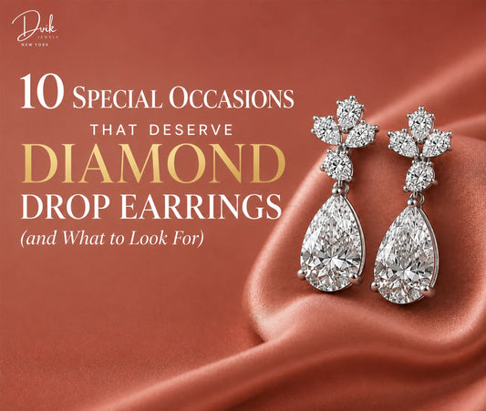 A pair of sparkling pear-shaped diamond drop earrings displayed on a warm, draped satin background alongside overlay text for a jewelry guide.