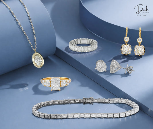 lab grown diamond jewelry collection for women featuring tennis bracelet, eternity band, stud earrings, and solitaire pendant by Dvik Jewels.
