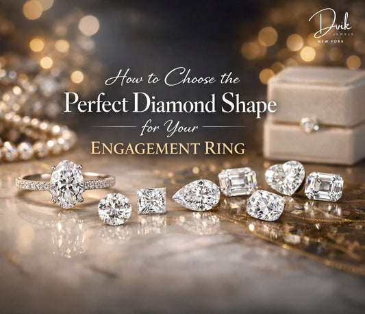 Dvik Jewels engagement ring diamond shape guide featuring oval, round, pear, emerald and princess cuts.