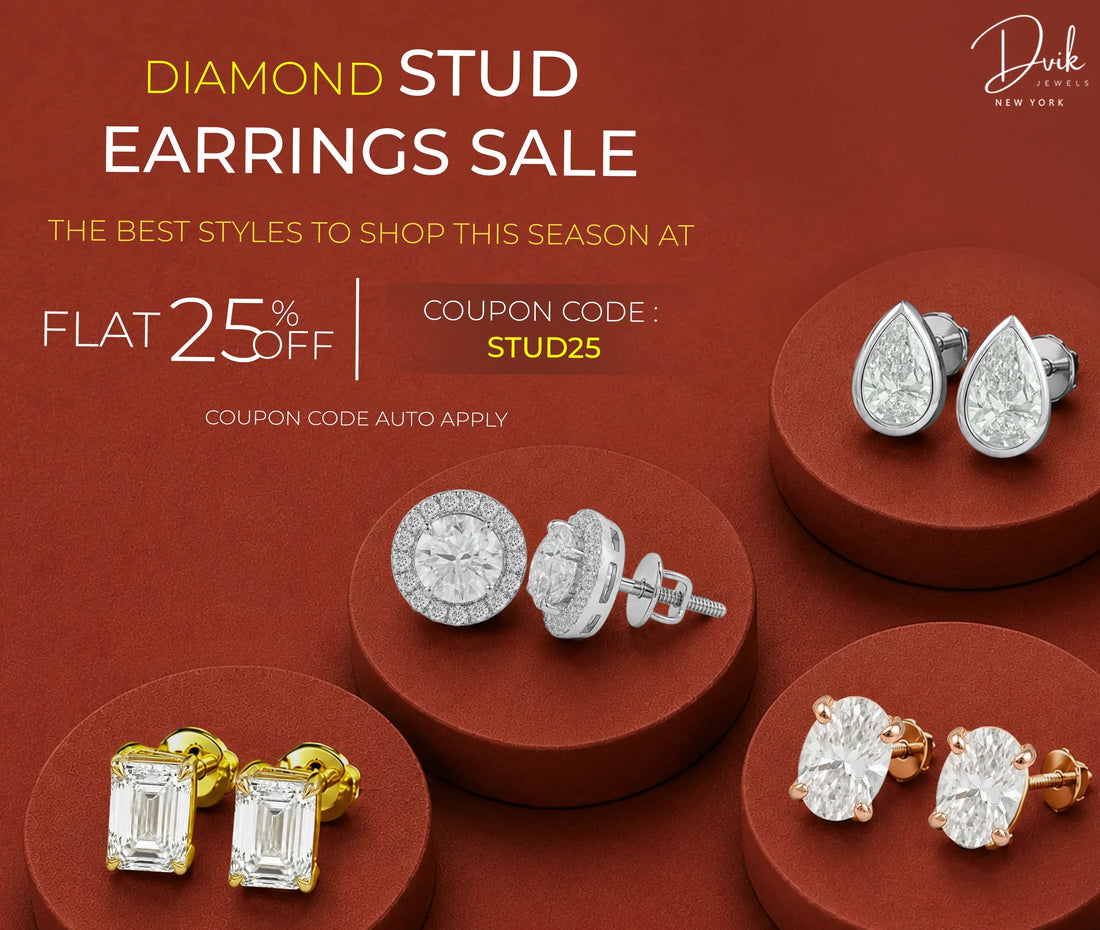 Promotional banner for a Dvik Jewels diamond stud earrings sale offering flat 25% off with coupon code STUD25.
