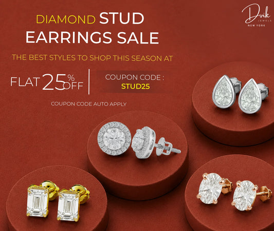 Promotional banner for a Dvik Jewels diamond stud earrings sale offering flat 25% off with coupon code STUD25.