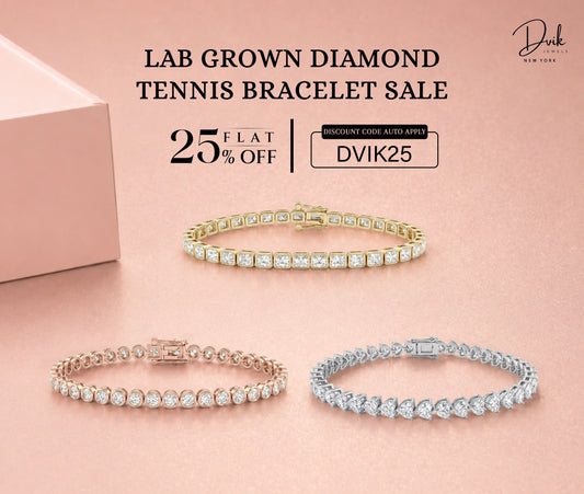 Lab-grown diamond tennis bracelet sale by Dvik Jewels New York. Save 25% on luxury tennis bracelets using discount code DVIK25. The image showcases gold, rose gold, and silver-style diamond bracelets.