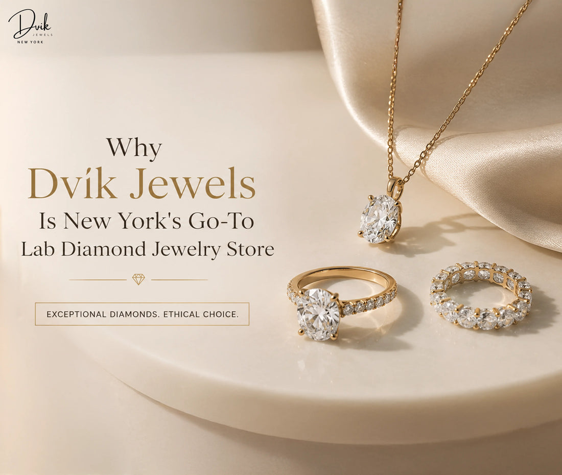 New York lab grown diamond jewelry store featuring round diamond engagement ring, oval diamond pendant necklace and full eternity wedding band for women in yellow gold.