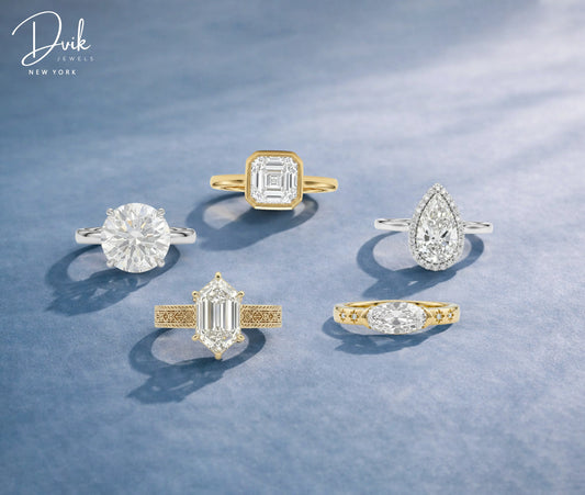 Dvik Jewels New York lab-grown diamond rings: Round, Emerald, Pear & Marquise cuts in yellow gold and White gold bands.