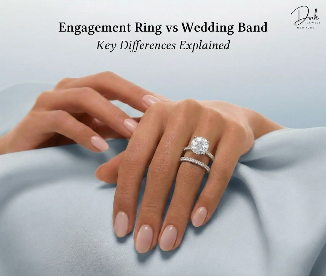 Engagement ring vs wedding band difference, diamond engagement ring and wedding band stacked on finger