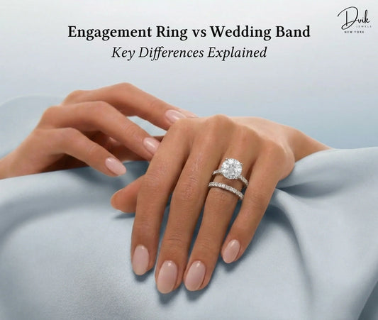 Engagement ring vs wedding band difference, diamond engagement ring and wedding band stacked on finger