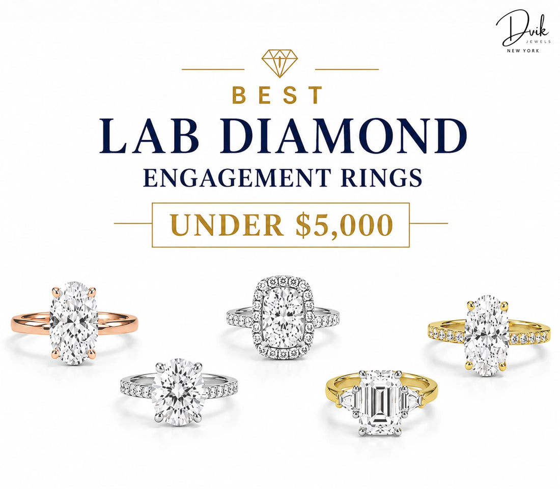 Best lab diamond engagement rings under $5000 featuring oval, cushion halo, round, and emerald cut designs in rose, white, and yellow gold by Dvik Jewels.