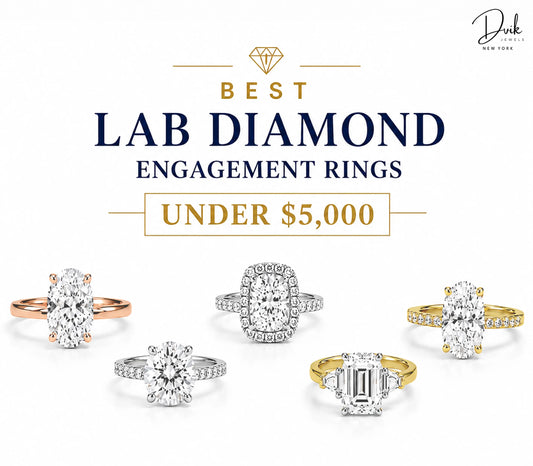 Best lab diamond engagement rings under $5000 featuring oval, cushion halo, round, and emerald cut designs in rose, white, and yellow gold by Dvik Jewels.