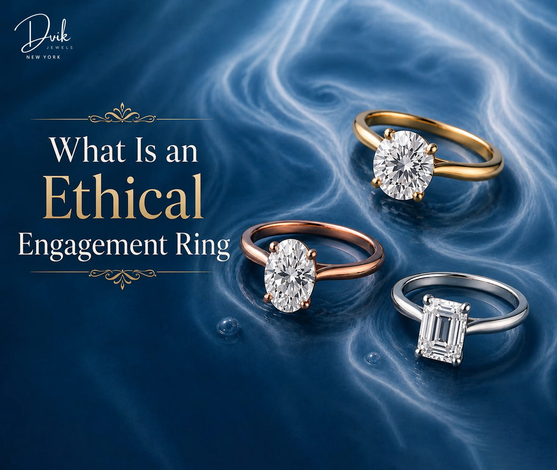 Three diamond rings on a blue surface with text What Is an Ethical Engagement Ring and the Dvik Jewels logo.