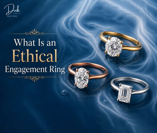 Three diamond rings on a blue surface with text What Is an Ethical Engagement Ring and the Dvik Jewels logo.