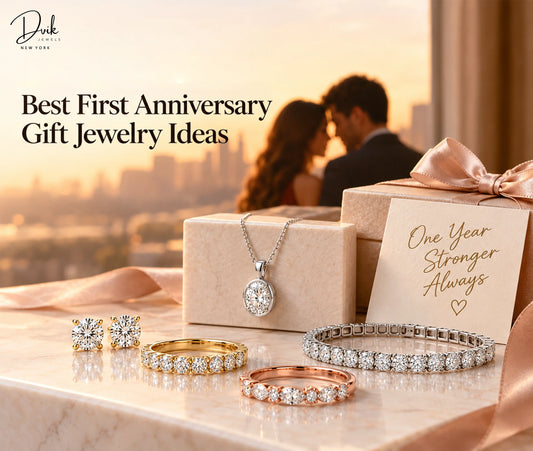 Dvik Jewels first anniversary gift jewelry ideas including diamond rings, necklace, earrings, and a tennis bracelet with a gift box.
