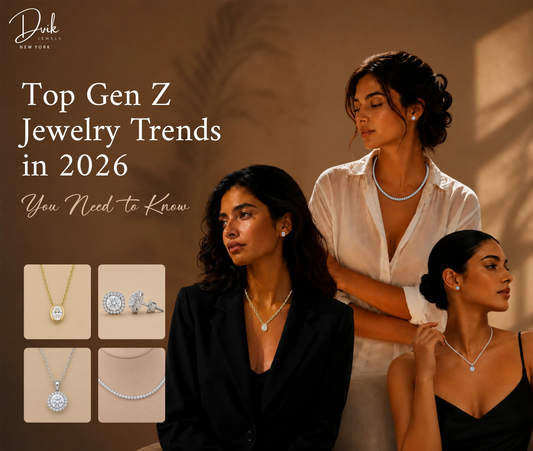 Top Gen Z jewelry trends in 2026 by Dvik Jewels featuring solitaire diamond pendants, halo earrings, and classic tennis necklaces worn by models.