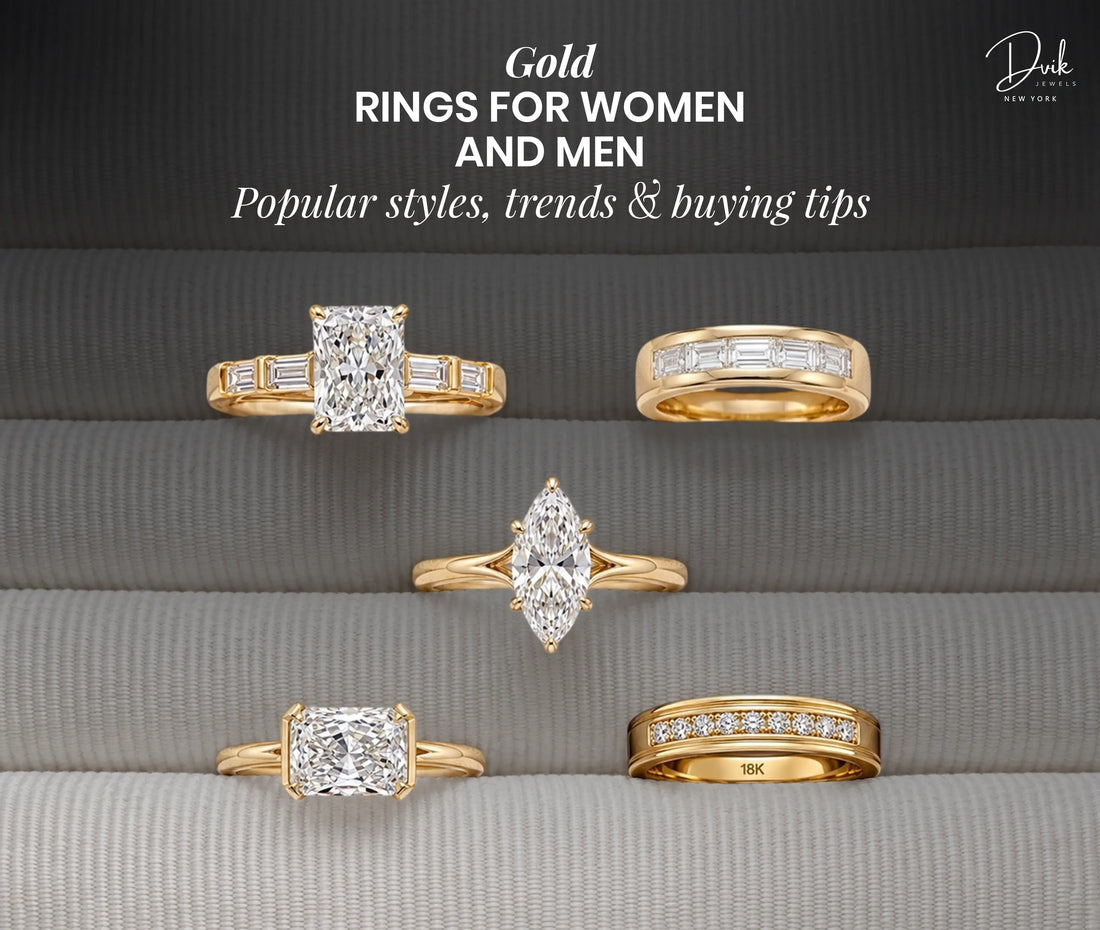Selection of gold rings with diamond accents and different stone cuts displayed on a grey textured surface.