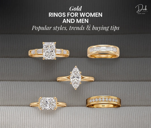 Selection of gold rings with diamond accents and different stone cuts displayed on a grey textured surface.