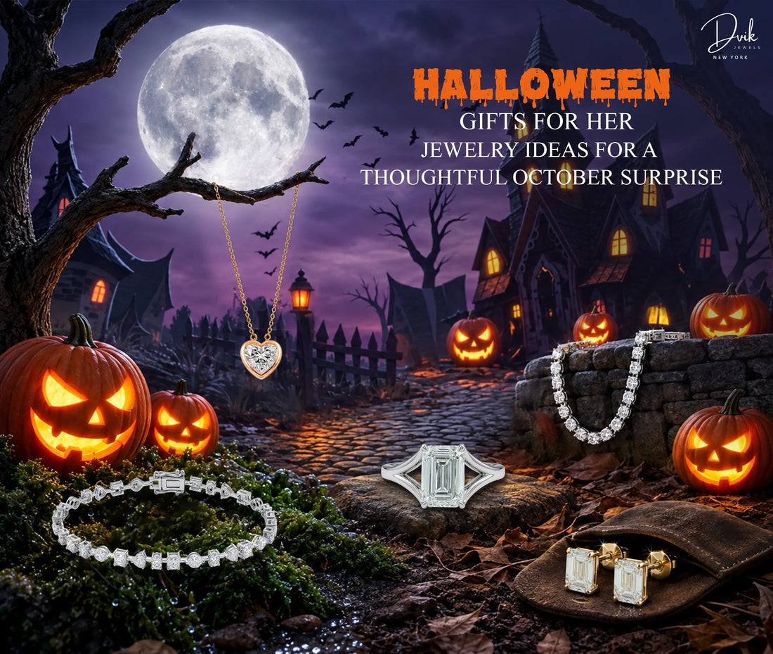 Dvik Jewels Halloween gifts for her jewelry ideas, featuring diamond rings, necklaces, and bracelets against a spooky background with glowing jack-o'-lanterns.