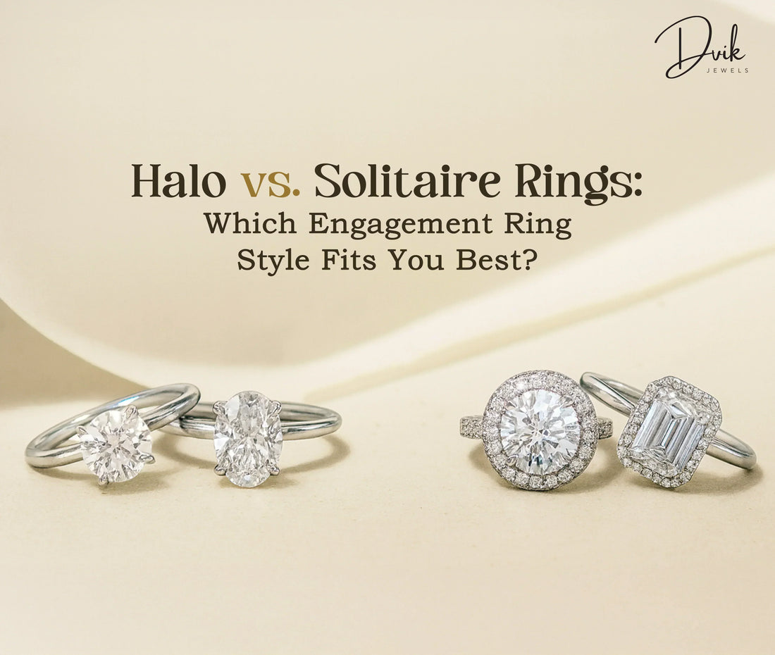 Comparison of halo and solitaire diamond engagement rings to help choose the perfect ring style.