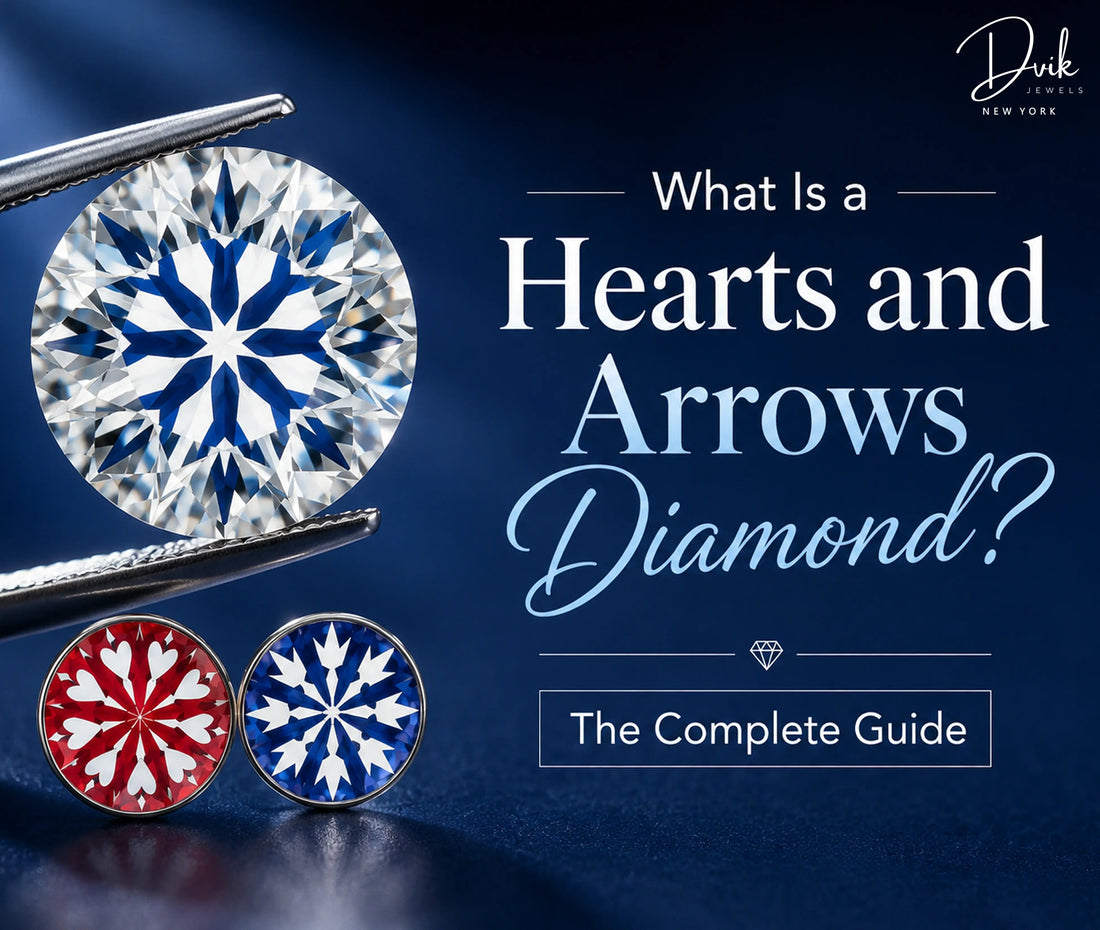 Infographic titled "What Is a Hearts and Arrows Diamond?" with a diamond held by tweezers and red/blue heart and arrow optical patterns.