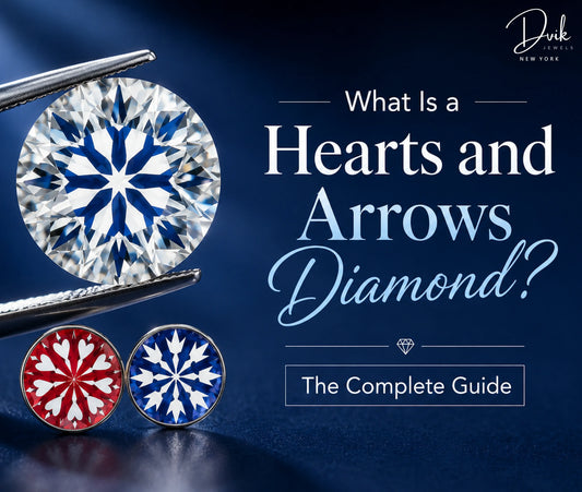 Infographic titled "What Is a Hearts and Arrows Diamond?" with a diamond held by tweezers and red/blue heart and arrow optical patterns.