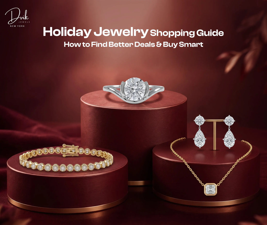 Holiday Jewelry Shopping Guide by Dvik Jewels featuring diamond rings, tennis bracelets, drop earrings and necklaces with tips to find better deals and buy smart.