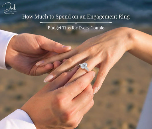 Close-up of a partner putting a diamond engagement ring on a hand, with text about engagement ring budgets.