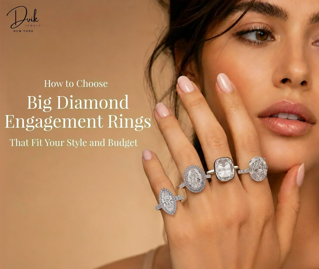 A model wearing four large diamond engagement rings on her fingers, showcasing different styles.
