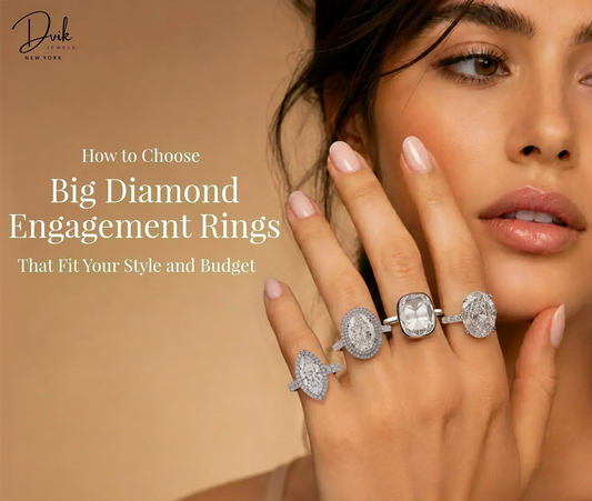 A model wearing four large diamond engagement rings on her fingers, showcasing different styles.