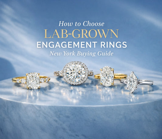 Lab grown engagement rings by Dvik Jewels featuring oval, round, cushion, and marquise diamond settings in white and yellow gold