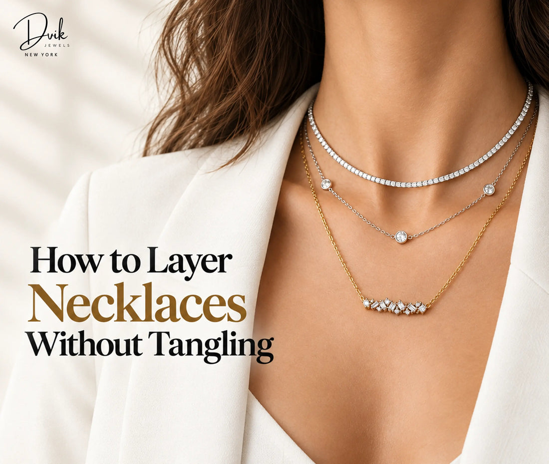 Model wearing three layered Dvik Jewels necklaces including a diamond choker and gold cluster pendant.