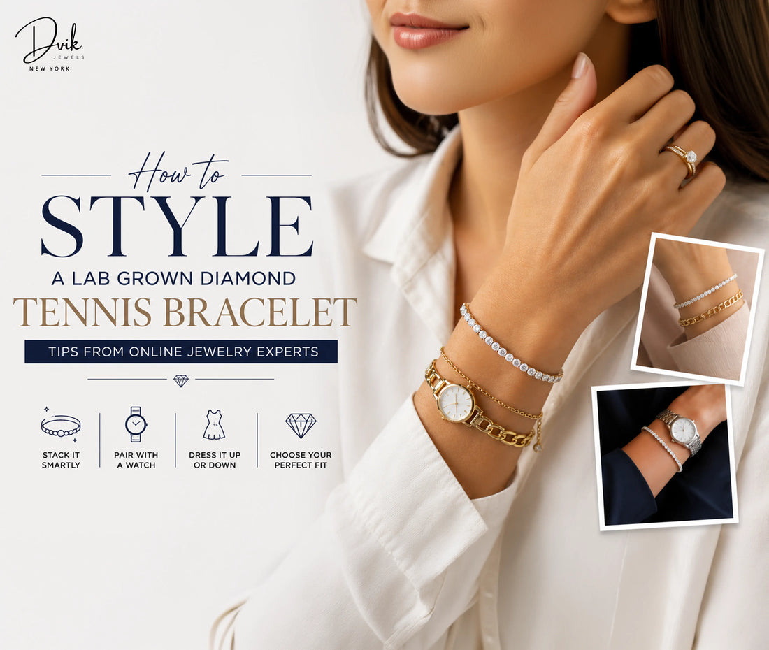 Woman wearing a luxury lab grown diamond tennis bracelet stacked with a gold watch, expert styling tips from Dvik Jewels New York