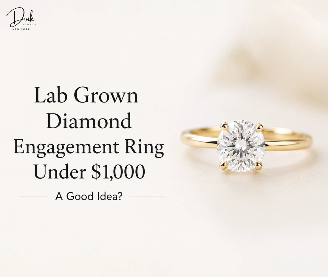 Solitaire lab grown diamond engagement ring under $1000 by Dvik Jewels.