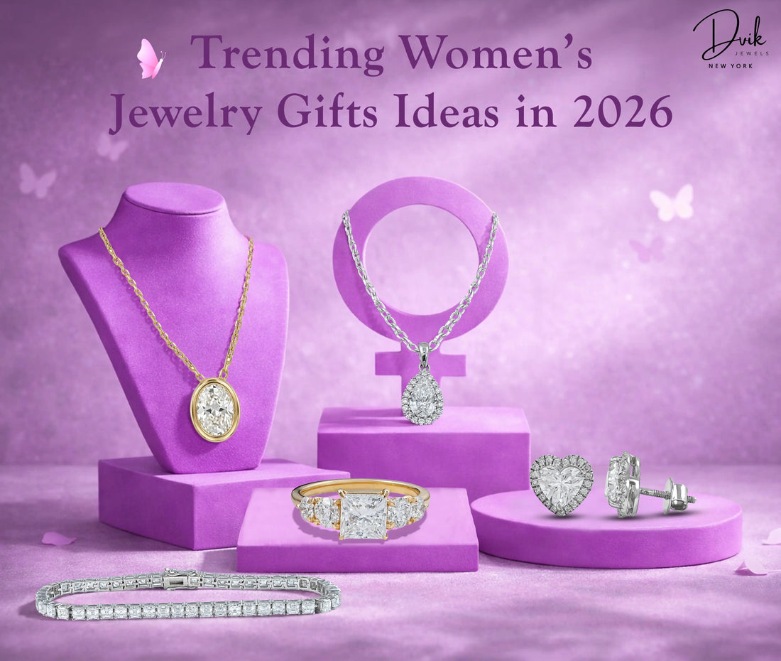 Trending women’s jewelry gifts 2026 by Dvik Jewels featuring diamond necklace, ring, studs, and tennis bracelet.