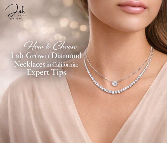 Dvik Jewels lab grown diamond necklaces in white gold layered solitaire and tennis style design in California