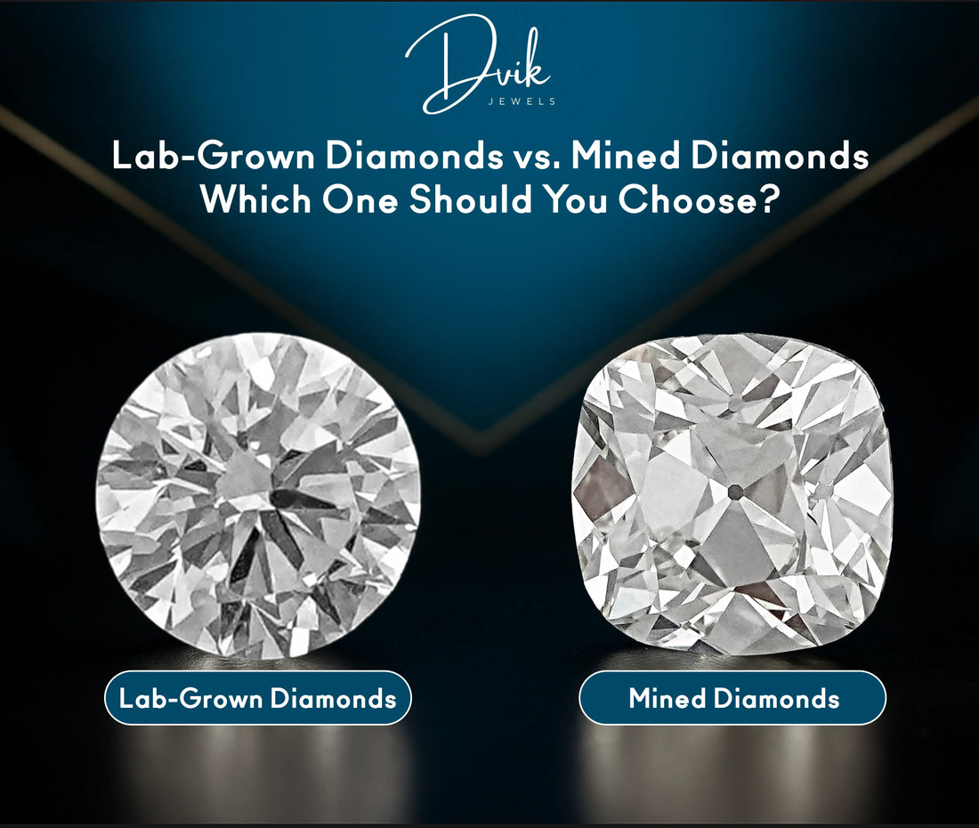Comparison image showing a round lab grown diamond and a cushion-cut mined diamond by Dvik Jewels.