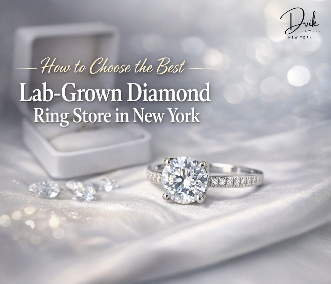 Lab grown diamond ring by Dvik Jewels New York with round center stone and pavé band on white silk background