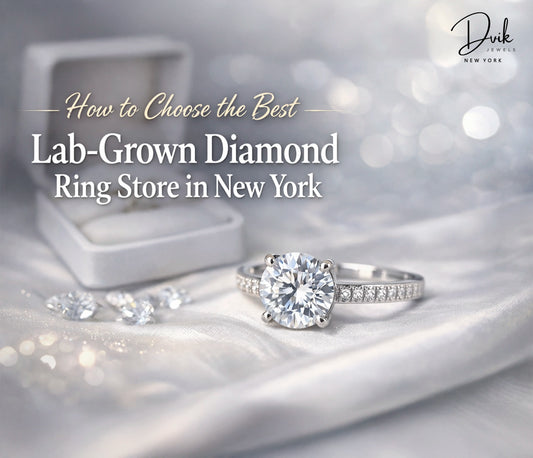 Lab grown diamond ring by Dvik Jewels New York with round center stone and pavé band on white silk background