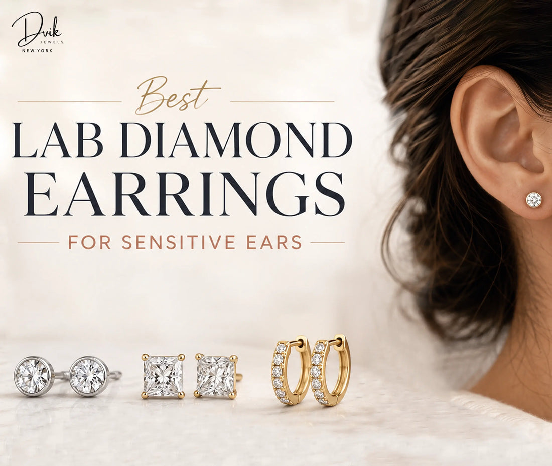 Best Lab Diamond Earrings for Sensitive Ears displayed on a surface with various styles including bezel-set studs, square studs, and small gold huggie hoops, alongside a person wearing a diamond stud earring.