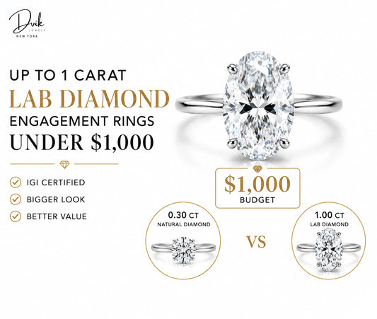 Lab grown diamond engagement rings under $1000 comparison by Dvik Jewels New York, showing 1.00 carat oval lab diamond vs 0.30 carat natural round diamond for the same budget.