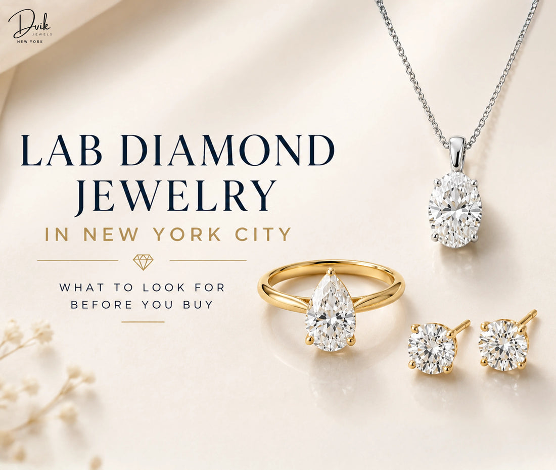 Lab diamond jewelry in New York City featuring pear shaped diamond engagement ring, solitaire diamond pendant necklace and diamond stud earrings.