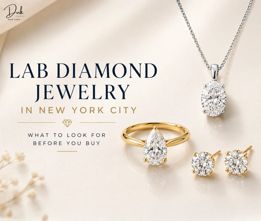 Lab diamond jewelry in New York City featuring pear shaped diamond engagement ring, solitaire diamond pendant necklace and diamond stud earrings.