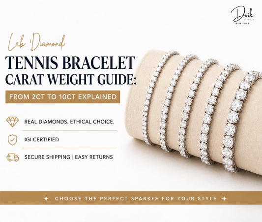 Dvik Jewels guide explaining lab grown diamond tennis bracelet carat weights ranging from 2ct to 10ct, showing five bracelets of increasing sizes on a display roll.