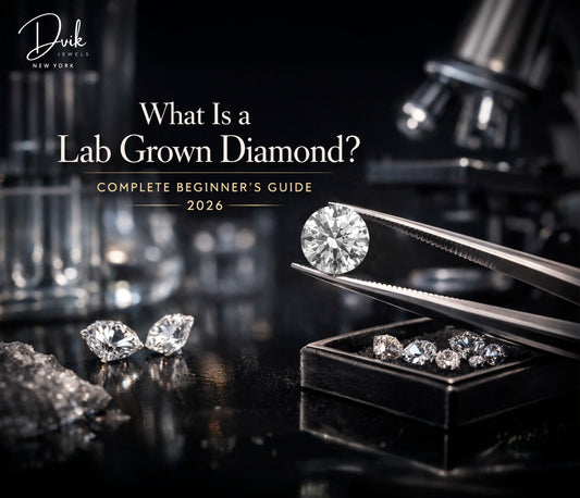 Dvik Jewels lab grown diamond guide showing round diamond held with tweezers in a jewelry lab