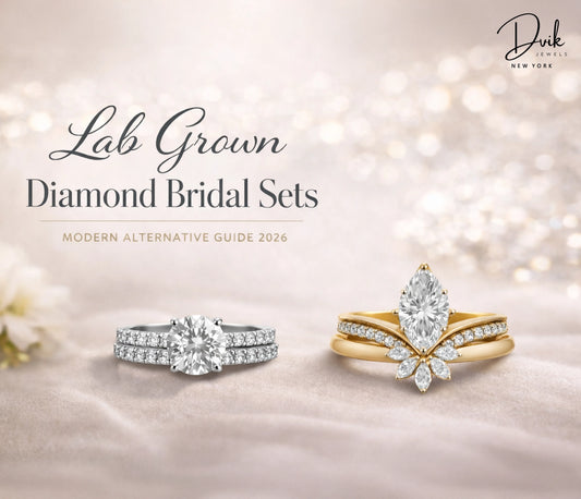Lab grown diamond bridal sets by Dvik Jewels New York, featuring a classic round cut silver set and a unique marquise cut gold crown set