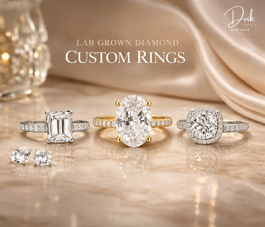 Lab grown diamond custom rings in oval, emerald, and round halo settings with white and yellow gold bands by Dvik Jewels New York