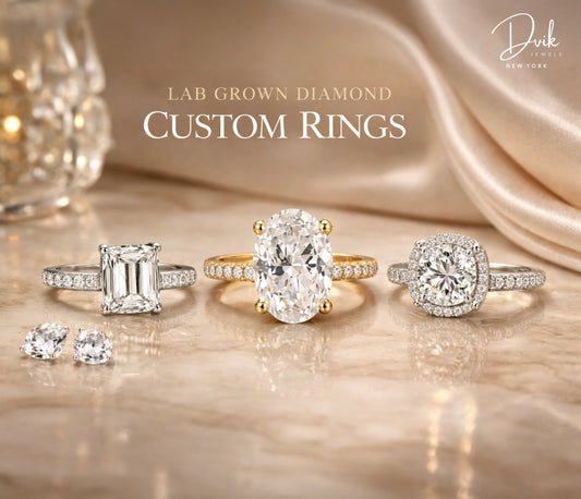 Lab grown diamond custom rings in oval, emerald, and round halo settings with white and yellow gold bands by Dvik Jewels New York