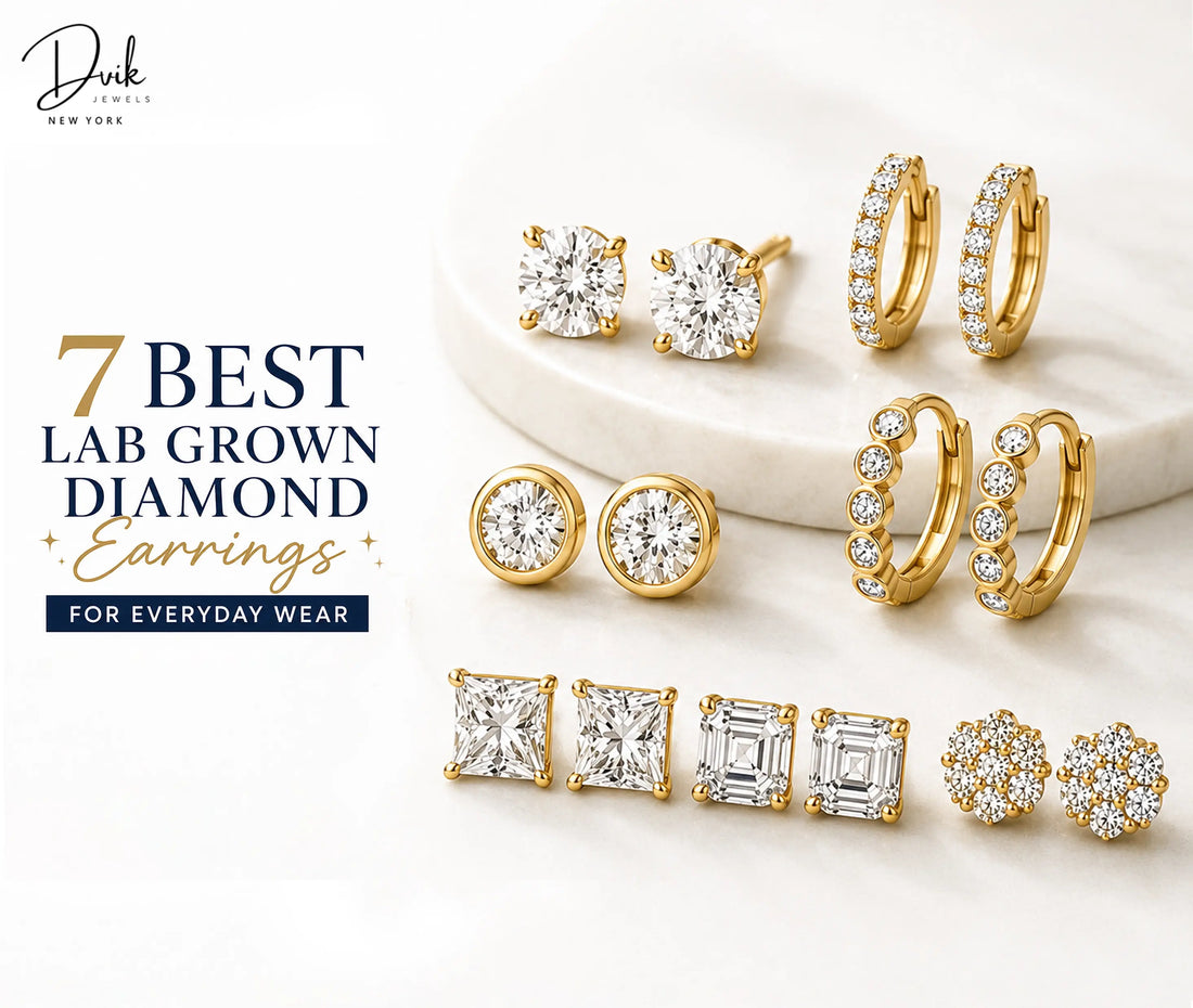 7 best lab grown diamond earrings for everyday wear by Dvik Jewels, showcasing gold solitaire studs, bezel set earrings, small diamond huggies, and square cut designs.